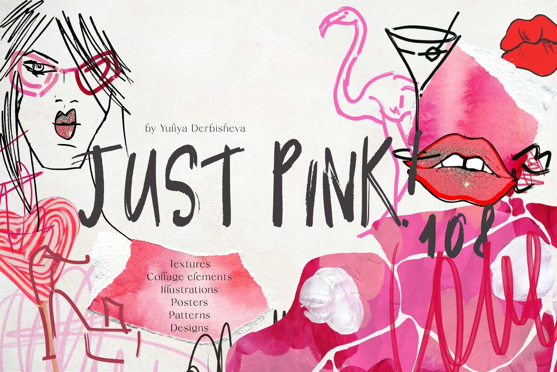 Colorful pink Barbiecore collage with illustrations and patterns for a vibrant aesthetic.