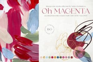 Abstract magenta and pastel watercolor textures with floral elements.