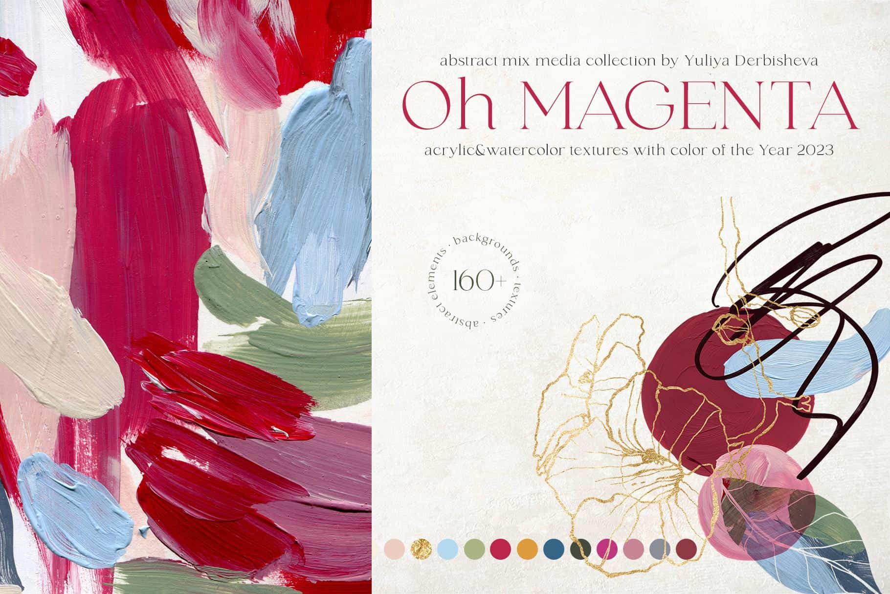 Abstract magenta and pastel watercolor textures with floral elements.