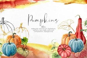 Watercolor pumpkin illustrations with line art for autumn decor and design.