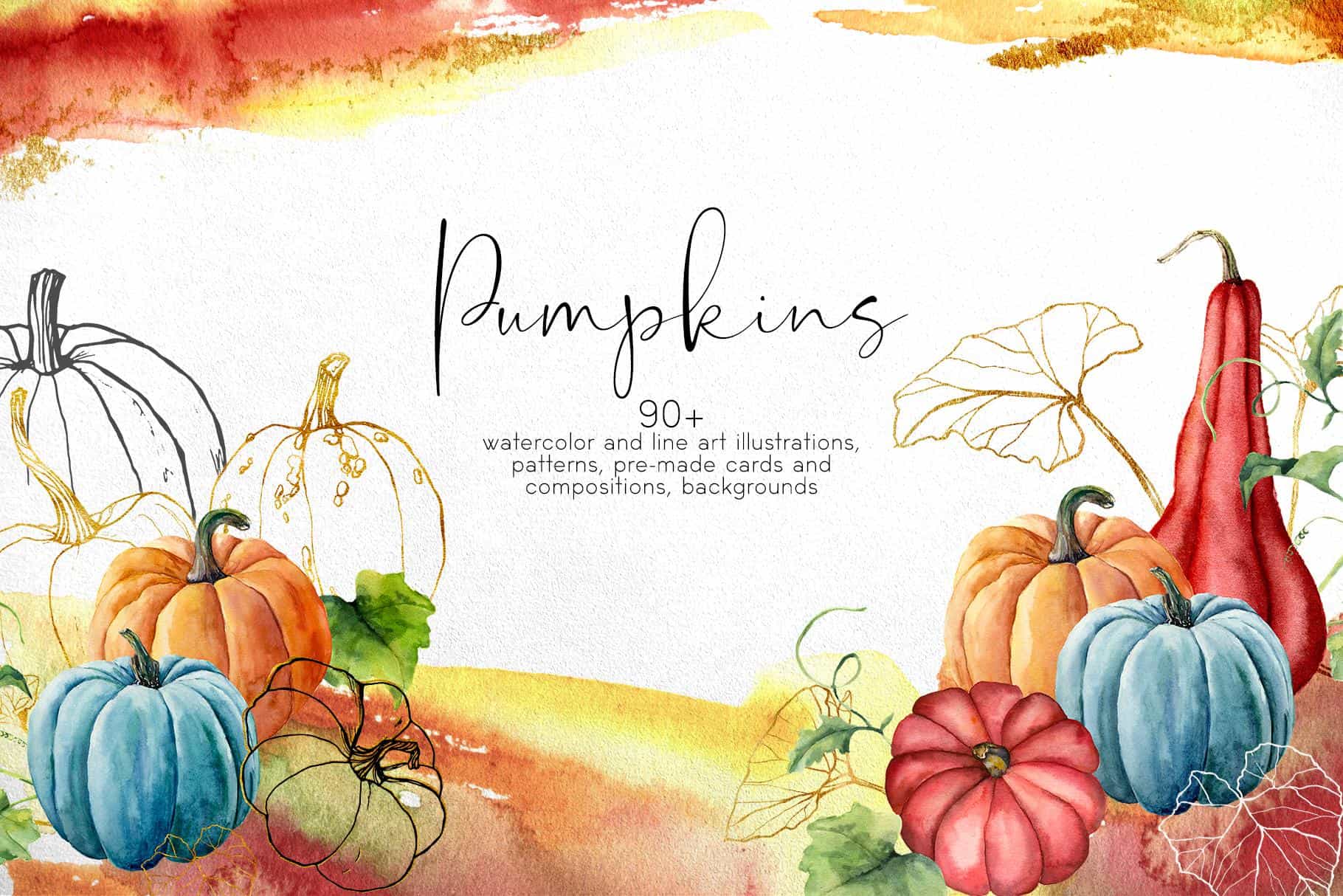 Watercolor pumpkin illustrations with line art for autumn decor and design.
