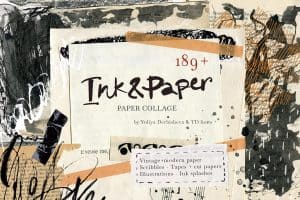 Artistic collage of ink and paper with vintage and modern elements.