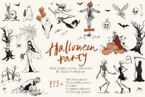 Halloween party illustration with ghosts, pumpkins, skeletons, and spooky trees.