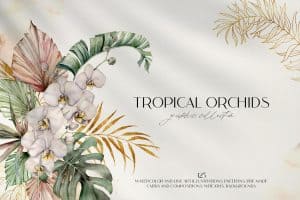 Watercolor tropical orchids with lush green and gold foliage.