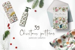 Elegant watercolor Christmas surface pattern with festive decorations and greeting cards.