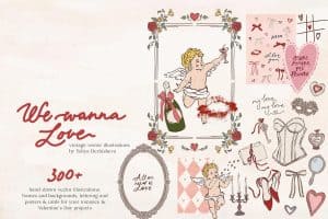 Valentine's Day themed illustration with cherubs, hearts, and love symbols.