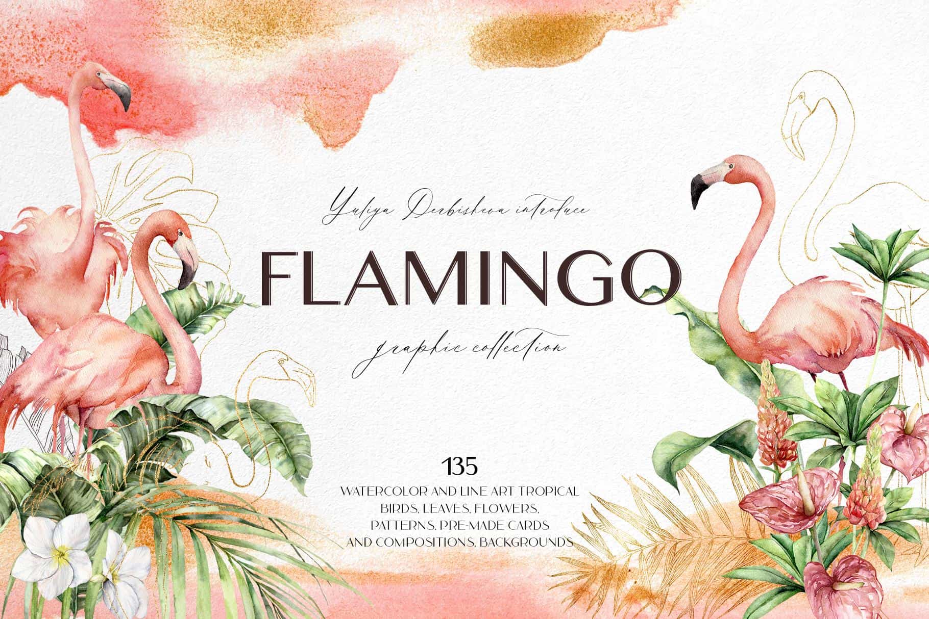 Watercolor flamingo with tropical leaves and flowers, vibrant and artistic.