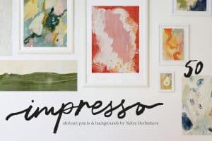 Colorful abstract art prints displayed on a white gallery wall.
