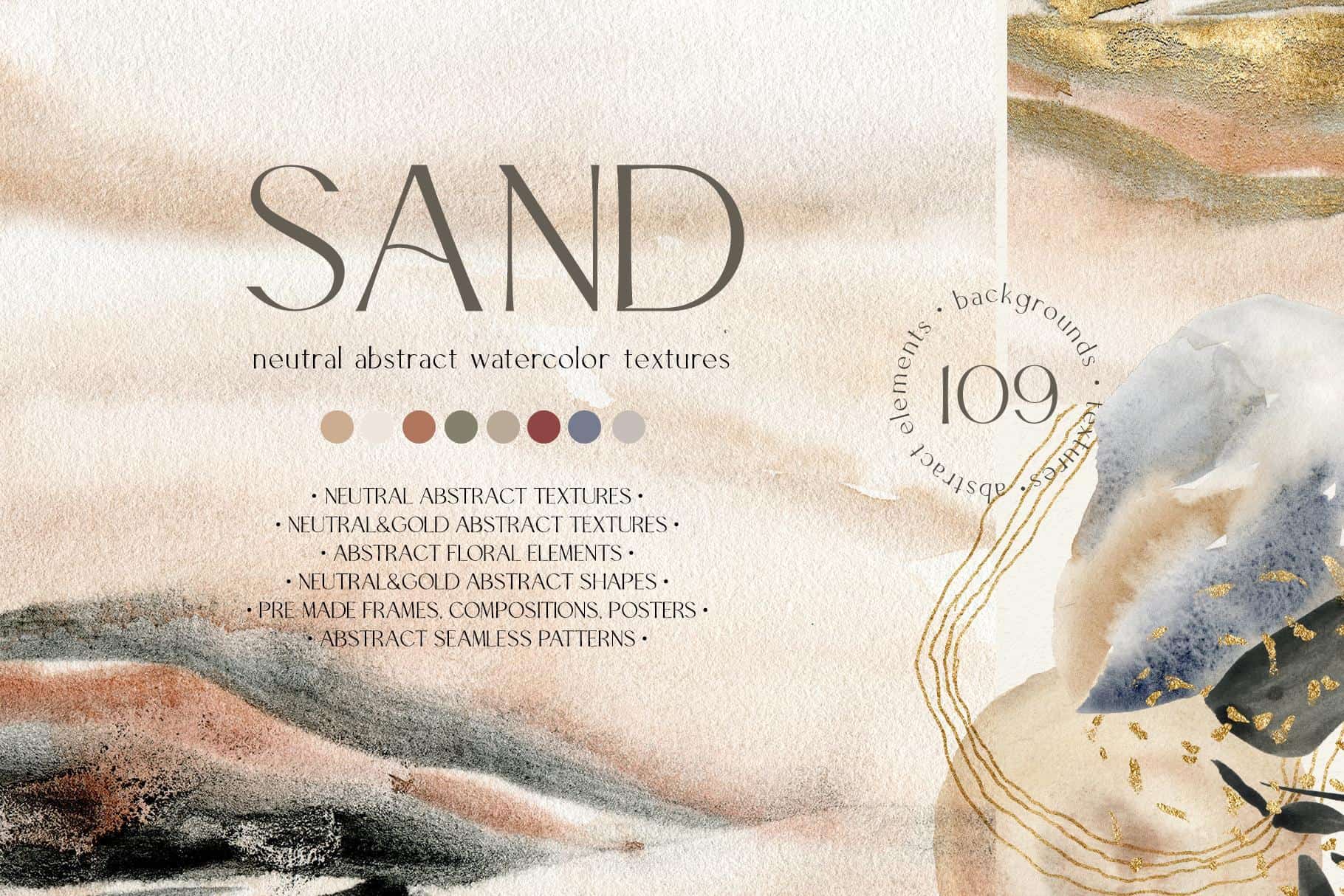 Neutral abstract watercolor background with sand-inspired textures and gold accents.