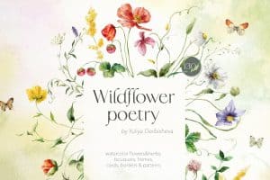 Watercolor wildflowers and butterflies in a delicate floral arrangement.