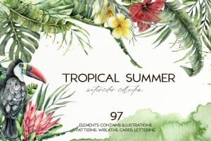 Vibrant tropical watercolor illustration with toucan, flowers, and lush greenery.
