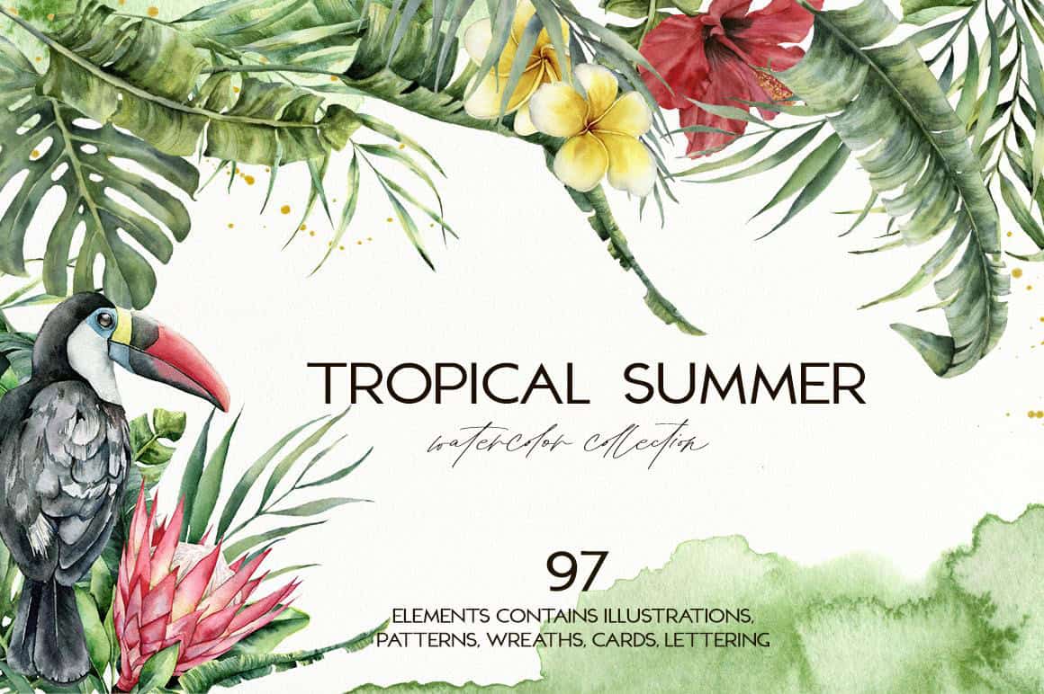 Vibrant tropical watercolor illustration with toucan, flowers, and lush greenery.
