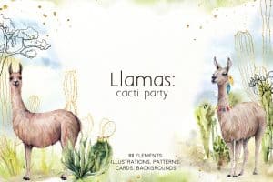 Watercolor illustration of llamas with cacti for cactus party theme.