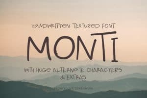 Handwritten textured font MONTI with floral and food extras in the background.