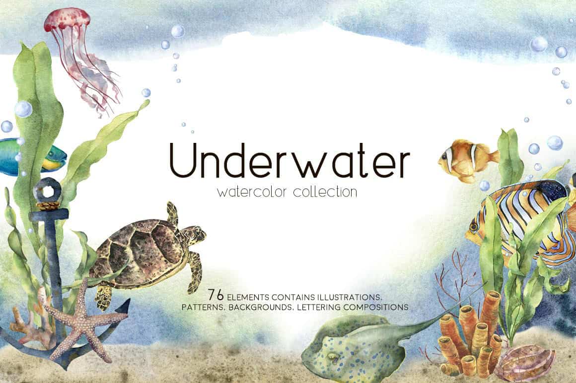Underwater watercolor scene with fish, turtle, jellyfish, and seaweed.