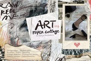 Art paper collage by Yuliya Derbisheva with scribbles and a high-heeled shoe image.