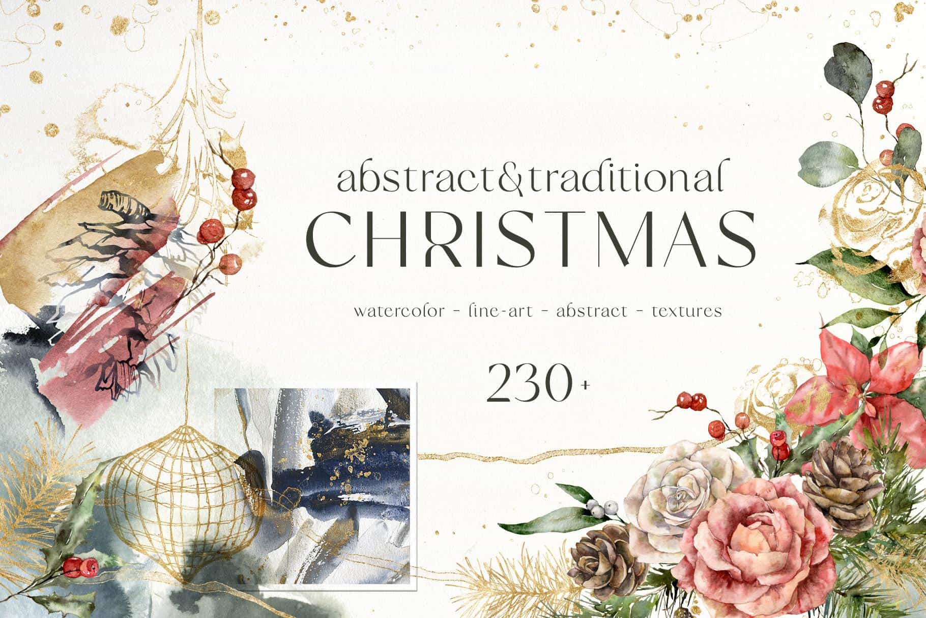 Elegant Christmas floral illustration with roses, pinecones, and berries for holiday decor.