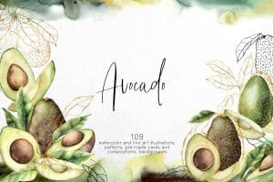 Watercolor avocado floral illustration with leaves and background for design.