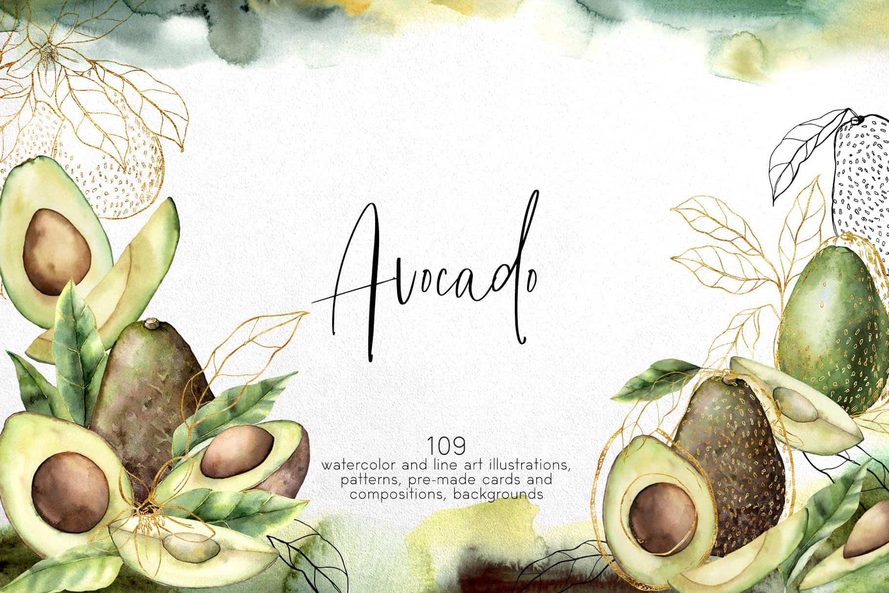 Watercolor avocado floral illustration with leaves and background for design.
