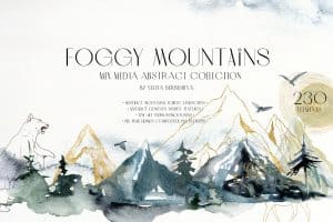 Watercolor landscape of foggy mountains and forest with birds and trees.