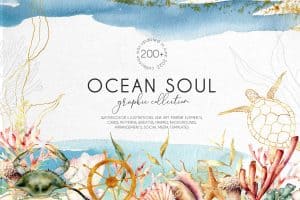 Watercolor sea animals and marine elements for Ocean Soul illustration collection.