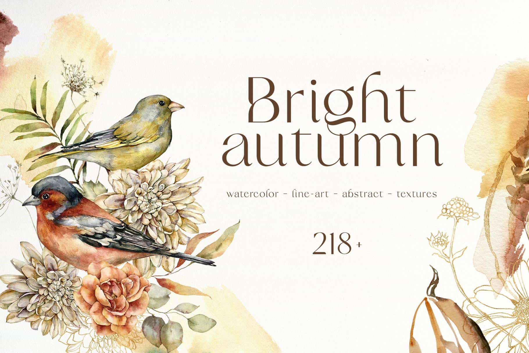 Bright autumn watercolor illustration with birds, flowers, and fall elements.