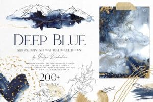 Deep blue watercolor abstract background with sea animal motifs and gold accents.