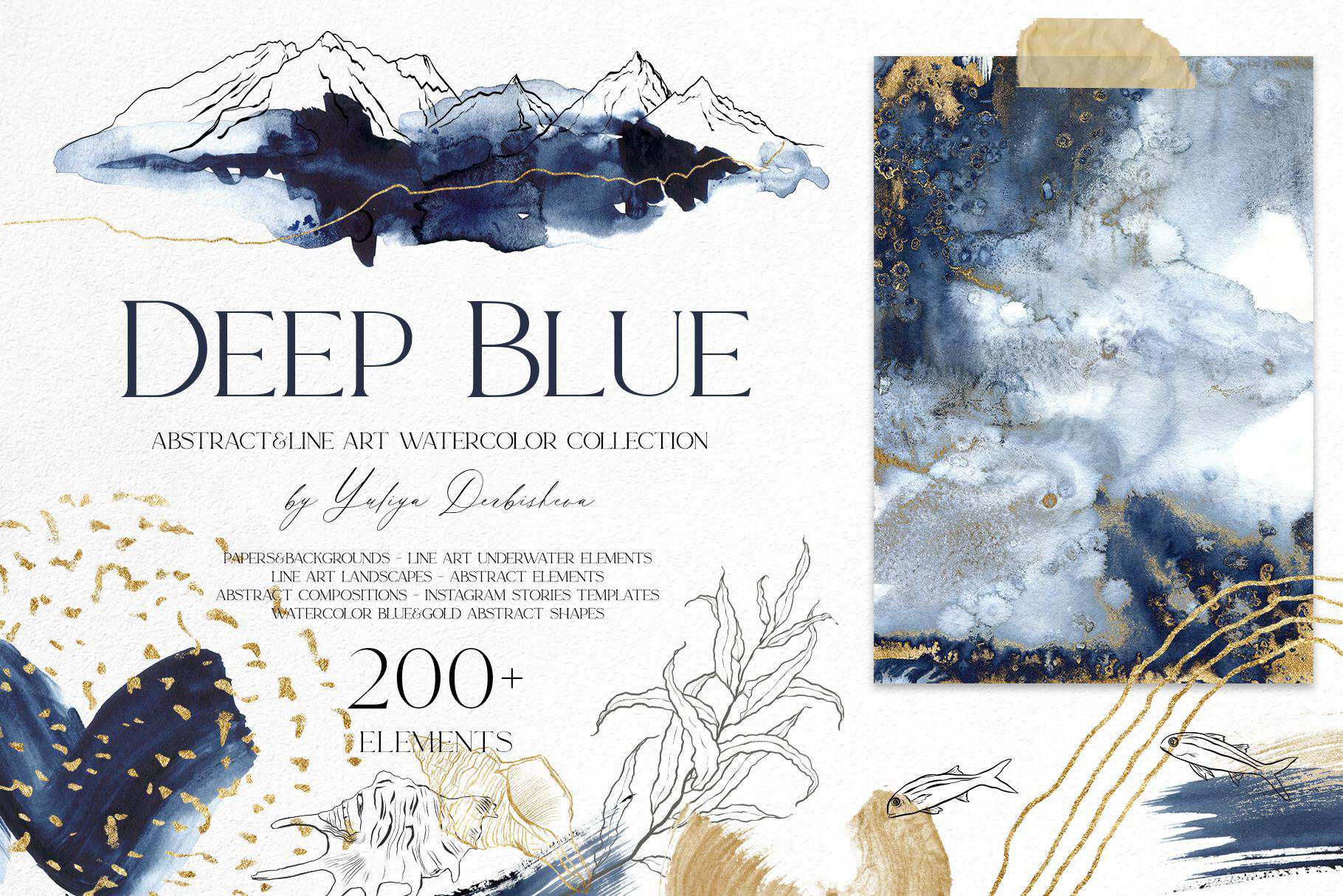 Deep blue watercolor abstract background with sea animal motifs and gold accents.