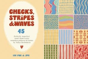 Collection of 15 retro hand-drawn check, stripe, and wave patterns in vibrant colors.