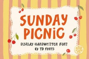 Colorful Sunday Picnic poster with cherries and lemon slices in a playful font.