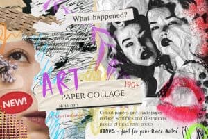 Colorful collage art featuring black and white portraits and vibrant graffiti elements.