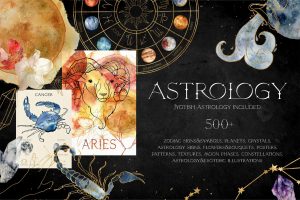 Watercolor zodiac signs illustration with planets and constellations for astrology lovers.