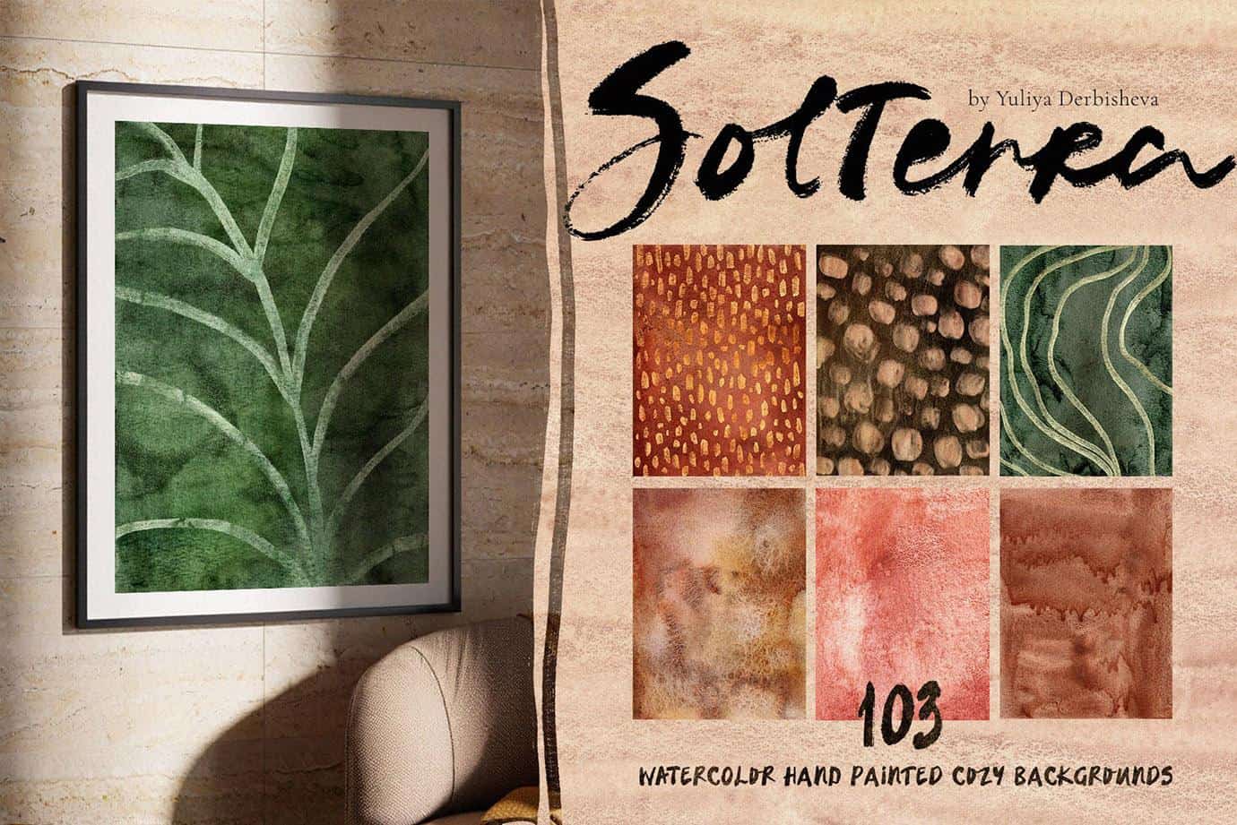 Watercolor hand-painted backgrounds with earthy tones and abstract patterns.