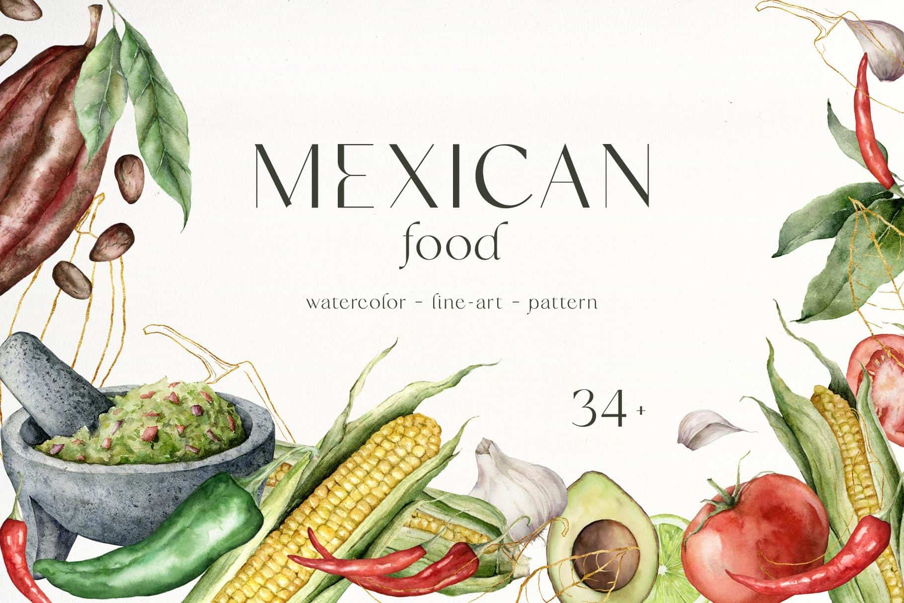 Watercolor Mexican food collection with vegetables and herbs.