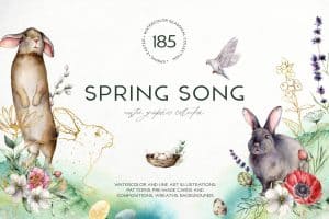 Spring song watercolor Easter bunny and flowers illustration for Easter.