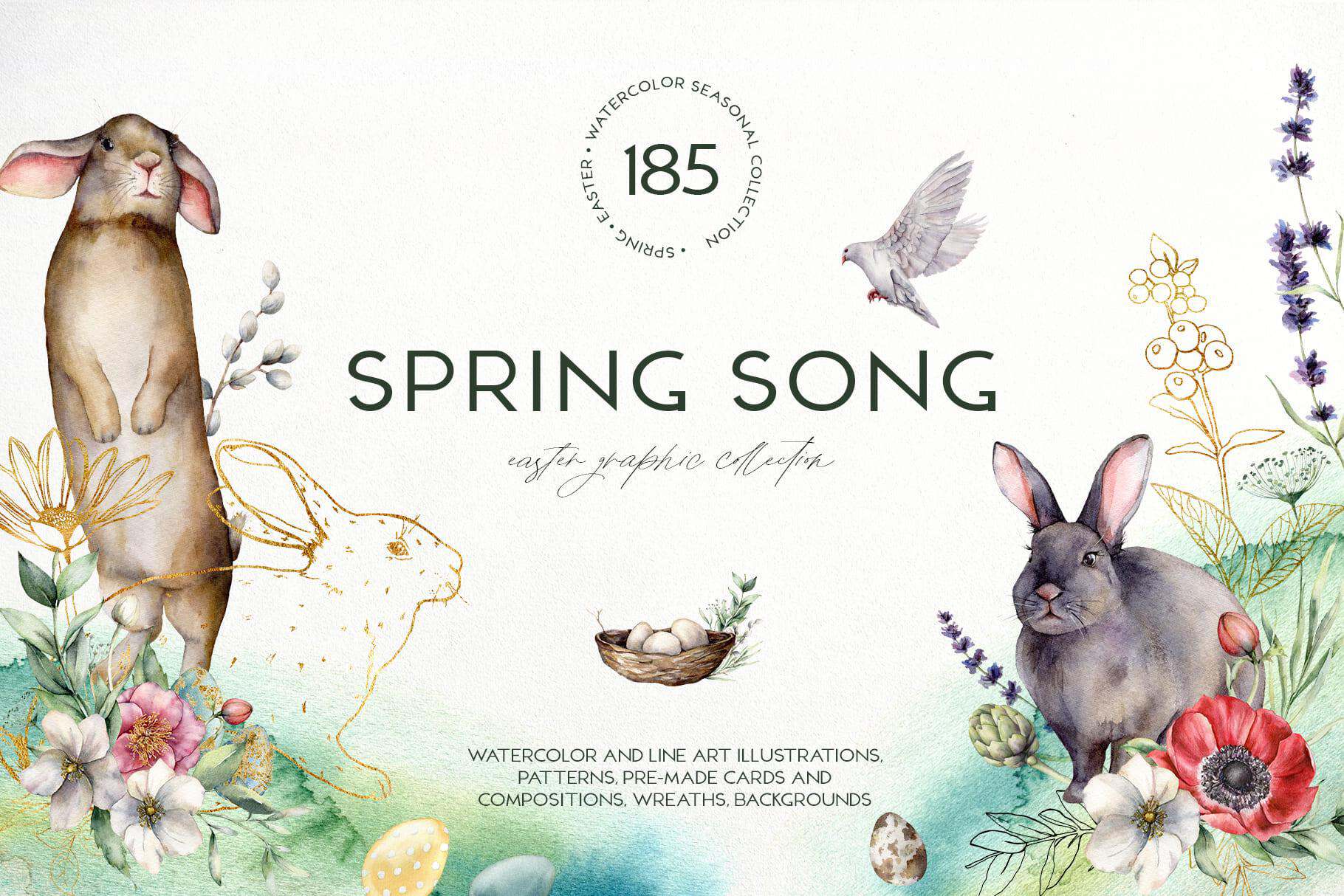 Spring song watercolor Easter bunny and flowers illustration for Easter.