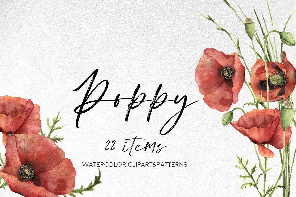 Watercolor painting of red poppies with green stems and leaves.