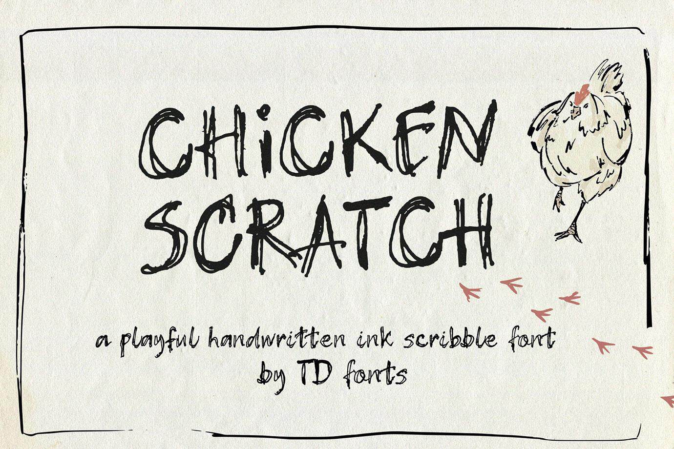 Handwritten chicken scratch font with a cute chicken illustration.