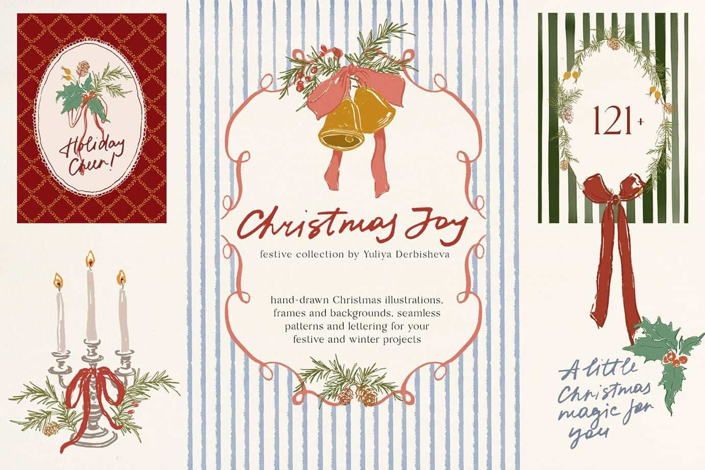 Festive Christmas card collection with bells, candles, and holiday motifs.