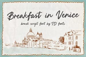 Handwritten style text reading 'Breakfast in Venice' with sketch of Venice skyline.