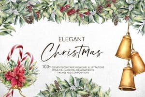 Elegant Christmas watercolor festive illustration with bells, poinsettia, and holly.