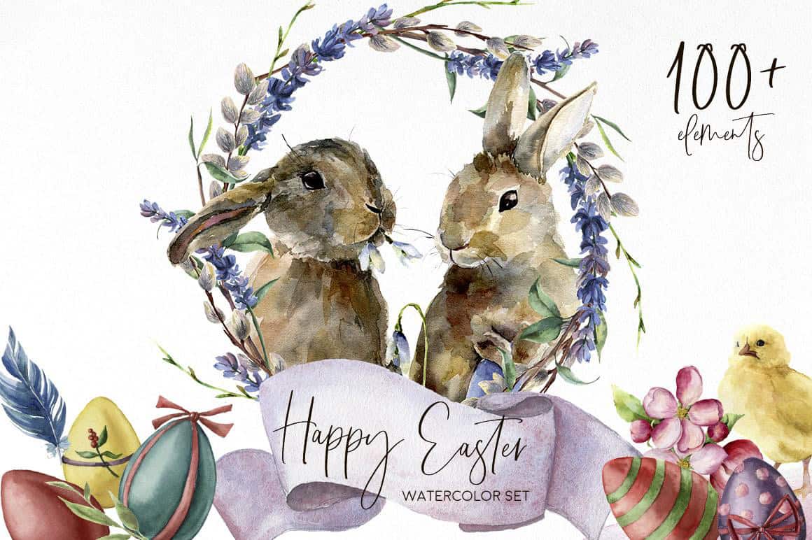 Watercolor Easter rabbits with floral wreath and decorated eggs for spring celebration.