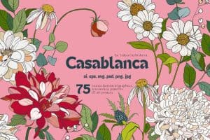 Colorful floral pattern with daisies, chrysanthemums, and roses on pink background.