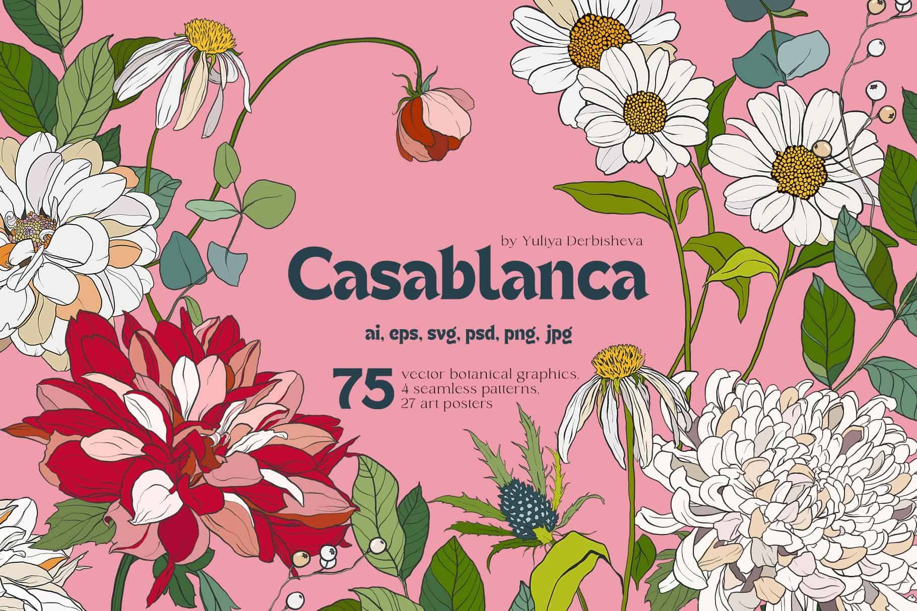 Colorful floral pattern with daisies, chrysanthemums, and roses on pink background.