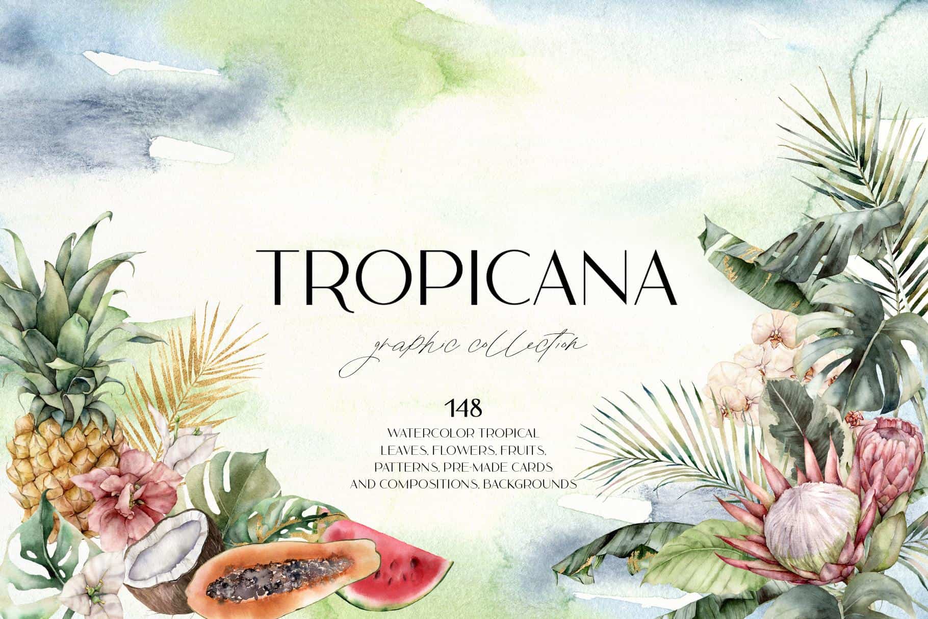 Watercolor tropical flowers, leaves, and fruits illustration for Tropicana collection.