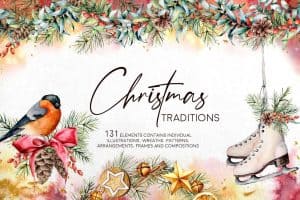 Festive Christmas watercolor illustration with ice skates, bird, pinecones, and holiday decorations.