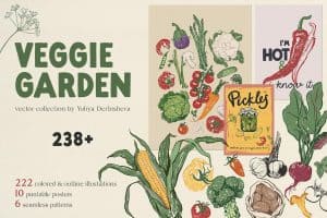 Colorful vegetable garden illustration with various vegetables and pickles.