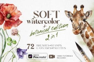 Soft watercolor botanical brushes and stamps for Procreate with a giraffe illustration.