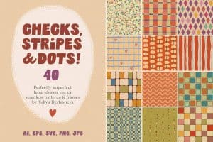 Collection of 16 colorful checkered, striped, and dotted patterns for design projects.