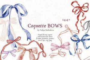 Collection of watercolor coquette bows in various colors and styles.